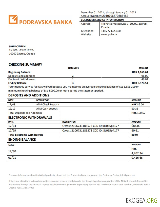 Déclaration de la Podravska banka de Croatie